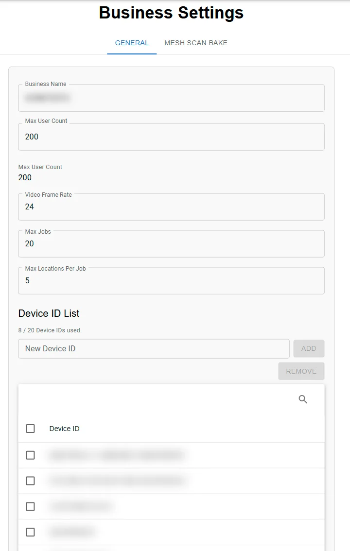 The General tab of Business Settings