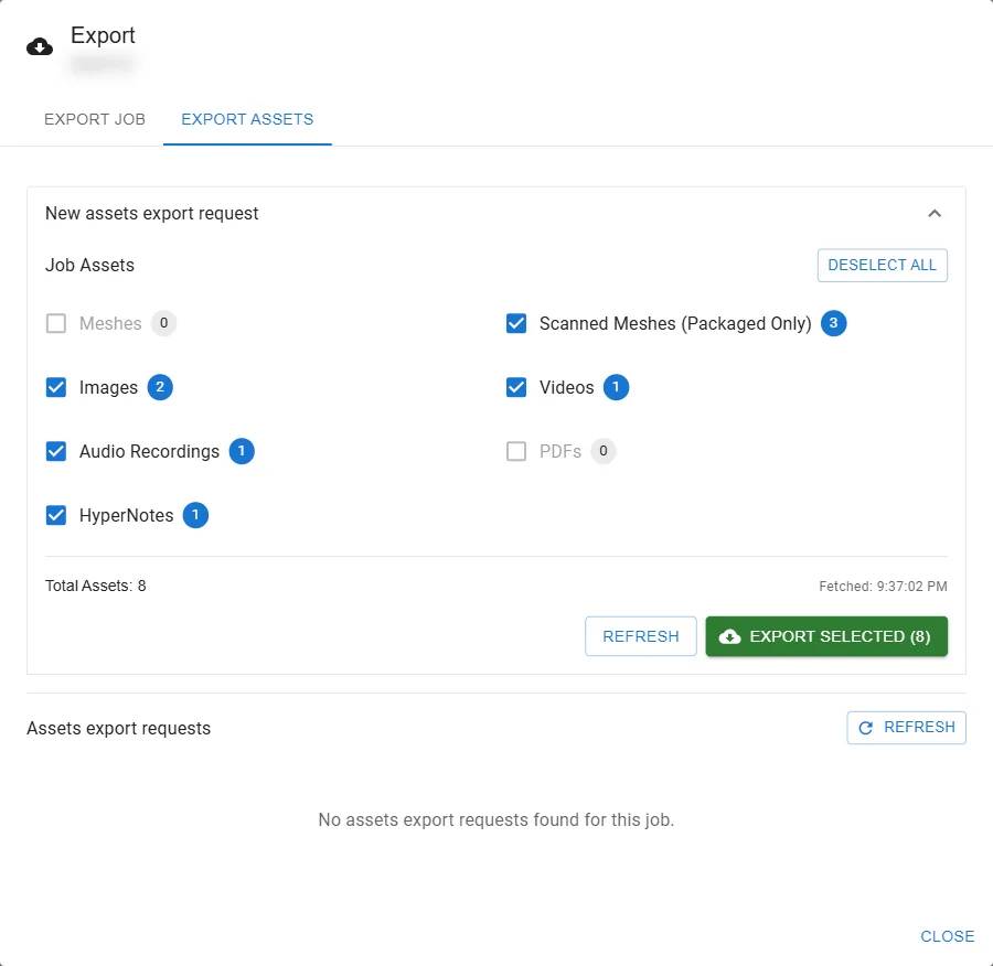 The Export Assets tab