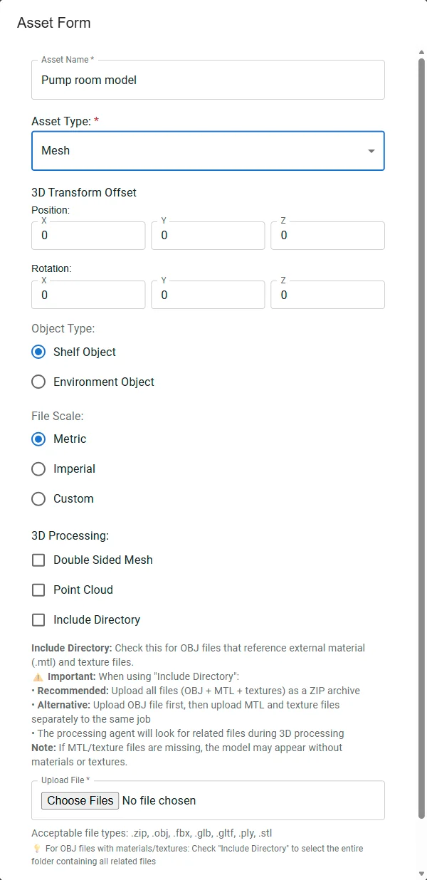 The Mesh options of the Asset Form